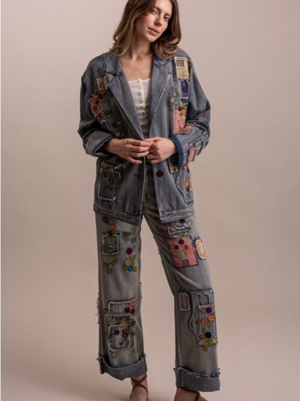 N2 New 🔥Bluevelvet embroidery patchwork denim jacket - Picture 11 of 11